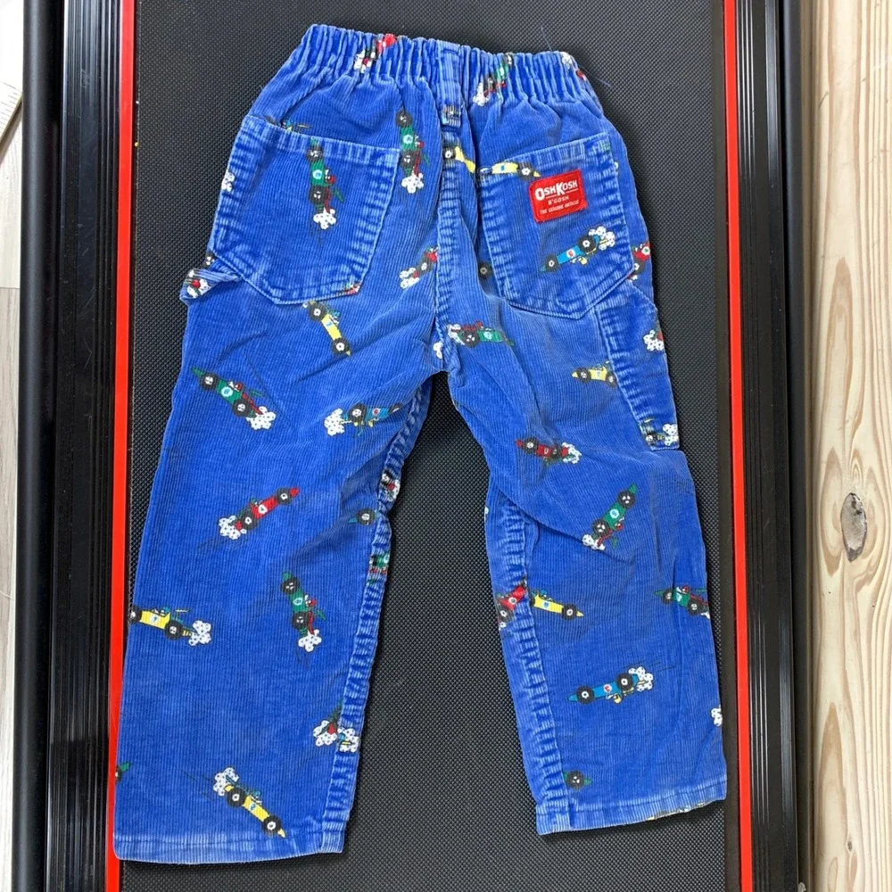 OshKosh B'Gosh Pants Kids 3T Blue Corduroy Race Car Carpenter Vintage‎ USA Made